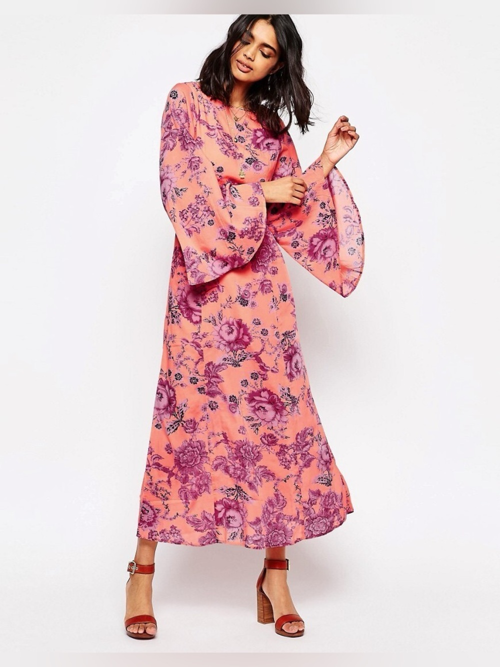 NWT Free People Melrose Printed Bell Sleeve Maxi Dress Pink Clementine, Size 13